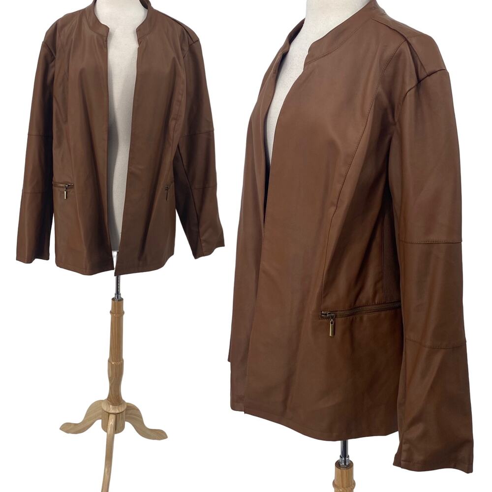 Avenue Faux Leather Jacket Open Front Knit Inserts Collarless Tan NEW Womens 5X